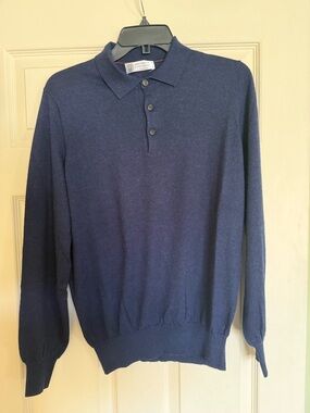 Men's Brunello Cucinelli Navy Polo Collar Cashmere Sweater